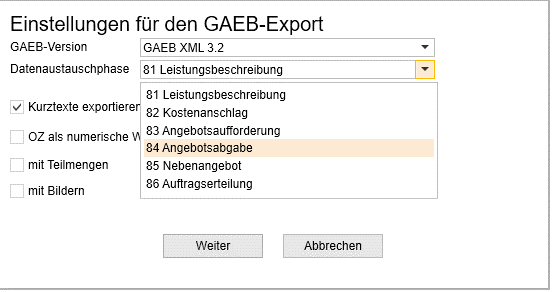 GAEB-Export Einstellungen